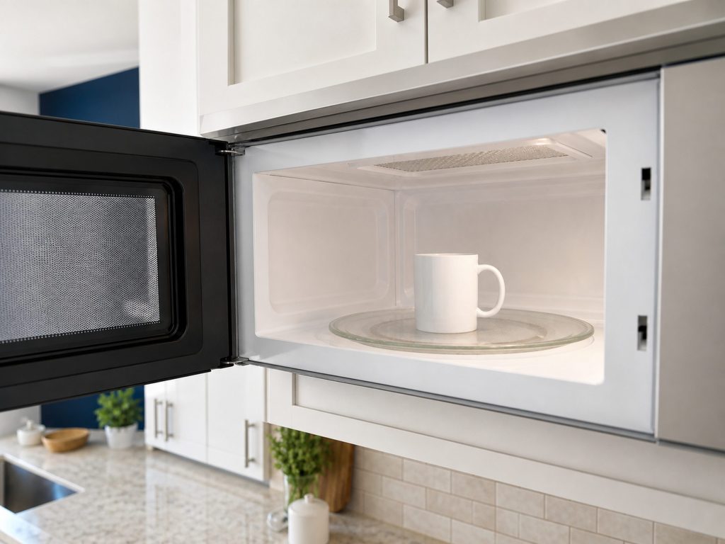 "The open interior of an over-the-range microwave with a glass turntable and a plain white mug standing on it, the cavity walls clean and unmarked" — the plate turns, the light is on and the food is cold, seen from inside the cavity where the donor's daylight does not reach