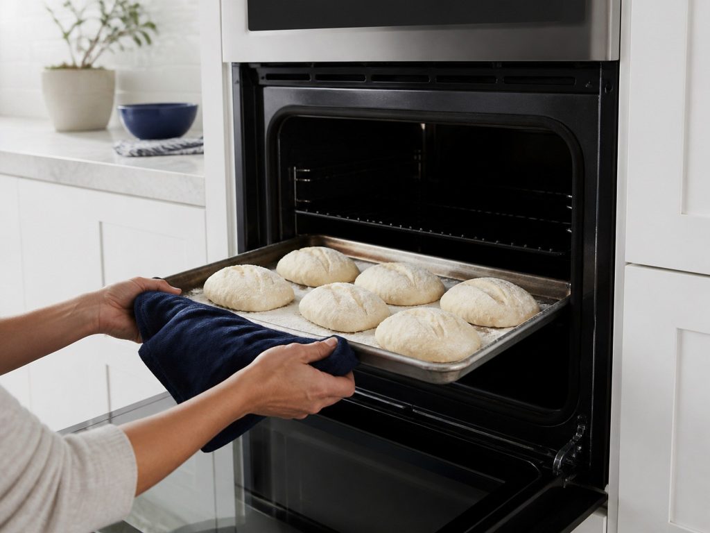 "A tray of pale unbaked bread rolls being lifted out of an open wall oven, the dough still raw and the cavity cold" — the cooktop works and the oven does nothing, seen in the food rather than in the machine