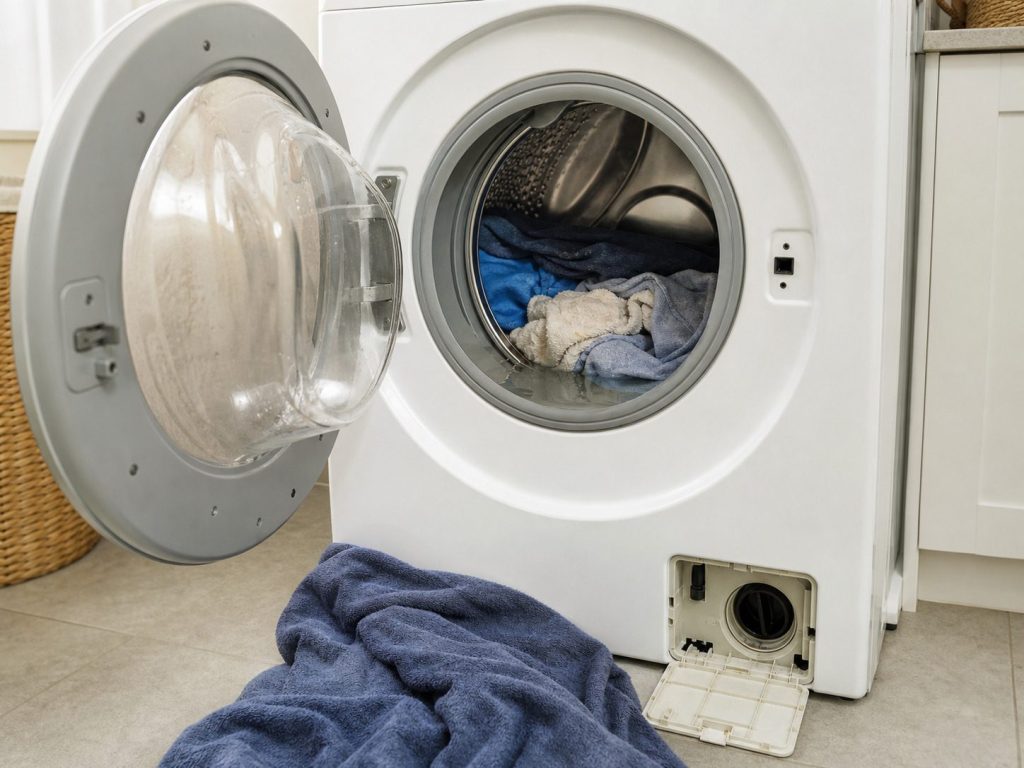 "An open front-loading washing machine door with wet clothes sitting in a drum still holding water, a towel on the floor in front of it, the small pump filter access panel" — a drum still full at the end of a cycle, and the filter panel this page sends the owner to, both in one frame