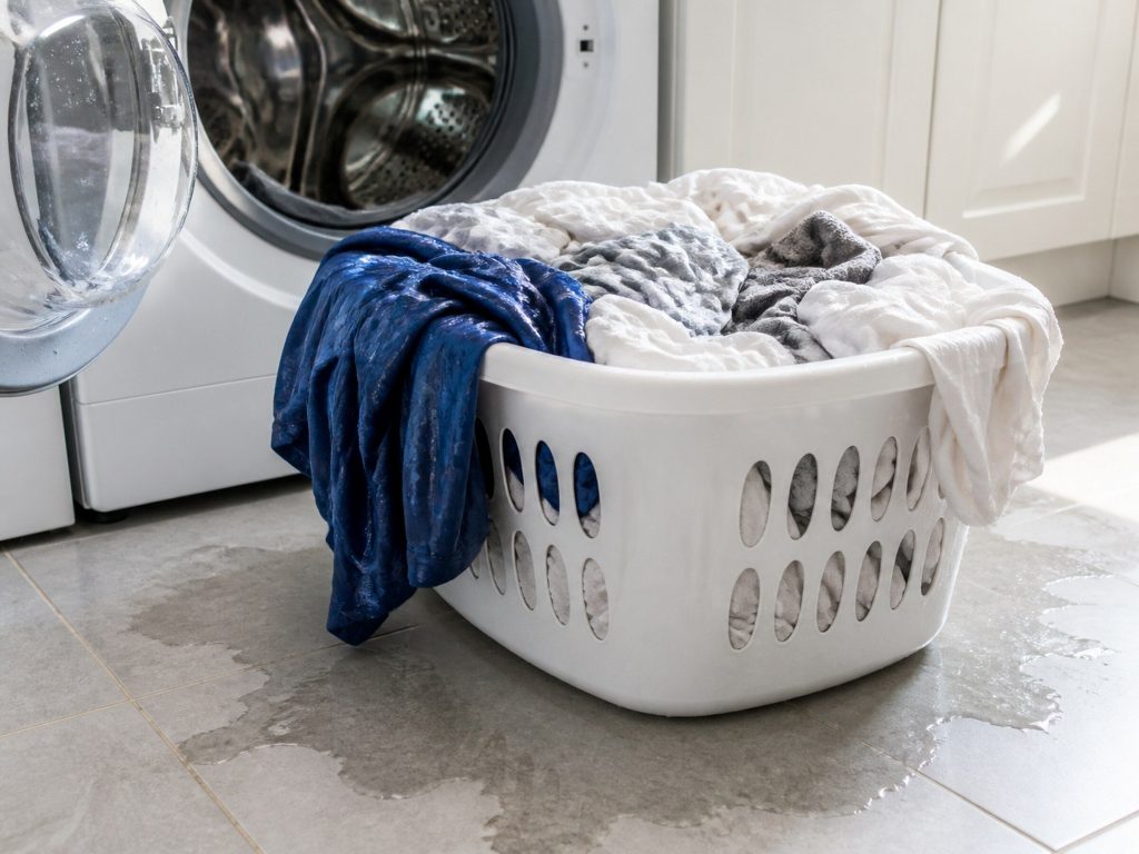"A basket of soaking wet laundry lifted out of a front-load washing machine, water darkening the tile beneath it" — the cycle finishes and the load comes out soaked, which is this page's caption
